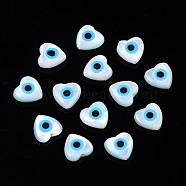 Natural White Shell Mother of Pearl Shell Beads, with Synthetic Turquoise, Heart with Evil Eye, Light Sky Blue, 8x8x3mm, Hole: 0.8mm(SSHEL-N034-82D-01)