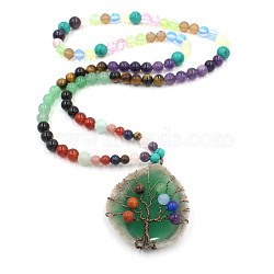 Wire Wrap 7 Chakra Gemstone Tree of Life & Natural Agate Pendant Necklace, Mala Beads Sweater Chain Necklace for Women Men, Light Green, 30.71 inch(78cm)(PW-WG91792-02)