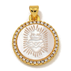 Rack Plating Brass Micro Pave Clear Cubic Zirconia Flat Round Pendants, Carved Natural White Shell Charms, Golden, Crown, 22.5x19x3.5mm, Hole: 5X2.5mm(KK-U025-10G-09)