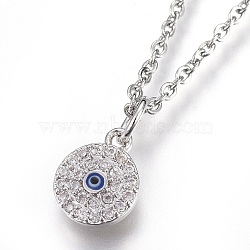 304 Stainless Steel Pendant Necklaces, with Cubic Zirconia, Flat Round with Eye, Clear, Stainless Steel Color, 17.6 inch(45cm), Pendant: 10x8x1.5mm(NJEW-O108-15P)