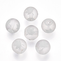 Autumn Theme Electroplate Transparent Glass Beads, Frosted, Round with Maple Leaf Pattern, Silver, 10mm, Hole: 1.5mm(EGLA-S178-01-01G)