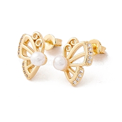 Clear Cubic Zirconia Butterfly Stud Earrings with Acrylic Pearl, Brass Jewelry for Women, Lead Free & Cadmium Free, Real 18K Gold Plated, 12.5x10mm, Pin: 0.8mm(EJEW-F282-44G)