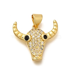 Rack Plating Brass Micro Pave Cubic Zirconia Pendants, Long-Lasting Plated, Lead Free & Cadmium Free, Cattle Charms, Real 18K Gold Plated, 17x19x4.5mm, Hole: 5x3mm(KK-L226-054G-01)