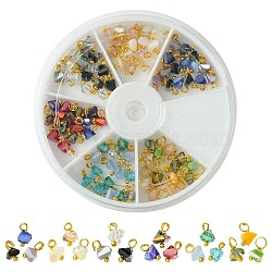 90Pcs 6 Colors Electroplate Glass Charms, with Brass Loops, Triangle, Mixed Color, 8x6x4.5mm, Hole: 1.8mm, 15Pcs/color(GLAA-FS0001-68)