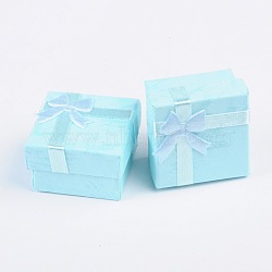 Cardboard Ring Boxes, with Satin Ribbons Bowknot outside, Square, Sky Blue, 41x41x26mm(CBOX-G003-08E)