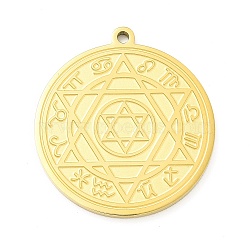 304 Stainless Steel Pendants, Flat Round with Constellation & Star of David Pattern Charm, Golden, 33x30x2mm, Hole: 1.8mm(STAS-M302-01G)