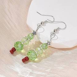 Christmas Glass Beads Dangle Earrings, with Tibetan Style Alloy Star Findings, Glass Seed Beads and Brass Earring Hooks, Light Green, 53mm, Pin: 0.6mm(X-EJEW-JE01624)