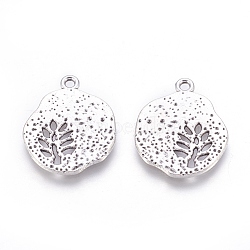 Tibetan Style Alloy Pendants, Cadmium Free & Lead Free, Flat Round with Leaf, Antique Silver, 22x18x1mm, Hole: 1mm(X-TIBEP-A14120-AS-LF)