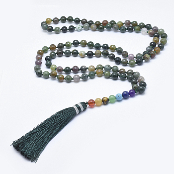 Nylon Tassel Pendant Necklace, with Natural Indian Agate Beads, 39.37 inch~44.49 inch(100~113cm)