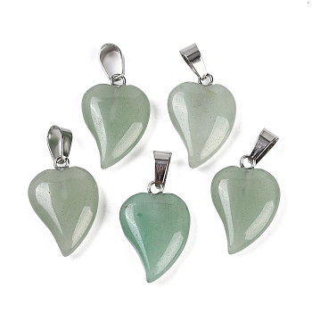 Natural Green Aventurine Heart Pendants, Love Heart Charms with 304 Stainless Steel Snap on Bails, Stainless Steel Color, 22.5x15.5x6mm, Hole: 6x3.5mm