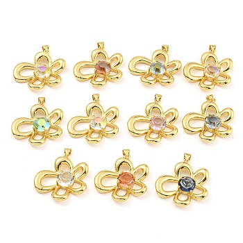 Rack Plating Brass Pendants, with Glass, Long-Lasting Plated, Cadmium Free & Lead Free, Flower Charms, Mixed Color, 30.5x30.5x7.5mm, Hole: 4x3mm