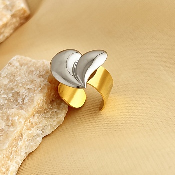 304 Stainless Steel Open Cuff Rings, Real 18K Gold Plated & Stainless Steel Color, Heart, Adjustable, Heart: 20.5x23.5mm