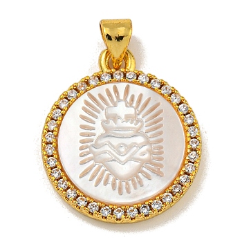 Rack Plating Brass Micro Pave Clear Cubic Zirconia Flat Round Pendants, Carved Natural White Shell Charms, Golden, Crown, 22.5x19x3.5mm, Hole: 5X2.5mm