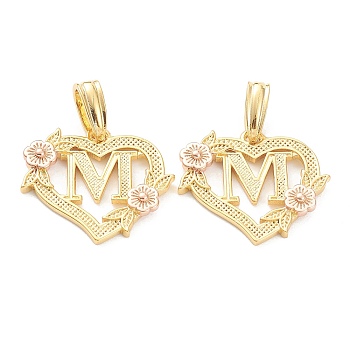 Real 18K Gold Plated Brass  Pendants, Heart with Alphabet, Letter.M, 18x20x3mm, Hole: 6.5x3mm