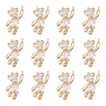 12Pcs Brass Clear Cubic Zirconia Charms, Bear, Real 18K Gold Plated, 12x6x3mm, Hole: 1mm