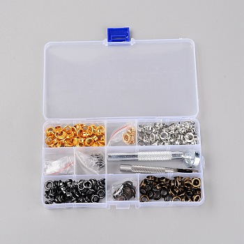 Brass Eyelets Ring, Rivet Snaps, with Tools Set & Plastic Stroage Box, Mixed Color, 8~21x0.2~84.5mm, Inner Diameter: 6mm, 323pcs/set