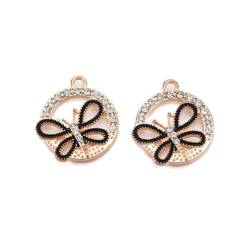 Alloy Enamel Pendants, with Crystal Rhinestone, Cadmium Free & Lead Free, Light Gold, Flat Round with Butterfly Charms, Black, 24x21x2.5mm, Hole: 2mm