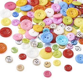350Pcs 7 Style Plastic Buttons, Flat Round, Mixed Color, 11~22.5x2~3.5mm, Hole: 1.5~2mm, 50pcs/style
