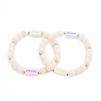 (Jewelry Parties Factory Sale)Stretch Bracelets, with Acrylic Beads and Golden Plated Brass Beads, Rubberized, Round & Rectangle with Word, Creamy White, Inner Diameter: 1-3/4 inch(4.6cm)