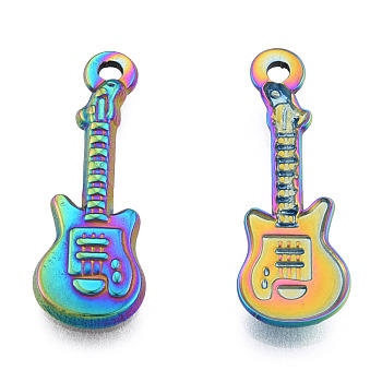 201 Stainless Steel Pendants, Guitar, Rainbow Color, 25.5x9x2mm, Hole: 1.6mm