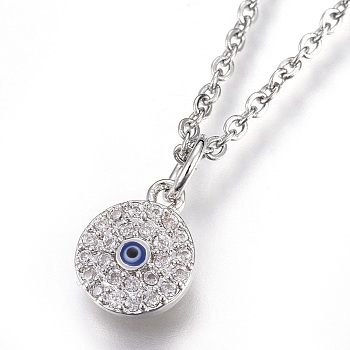 304 Stainless Steel Pendant Necklaces, with Cubic Zirconia, Flat Round with Eye, Clear, Stainless Steel Color, 17.6 inch(45cm), Pendant: 10x8x1.5mm