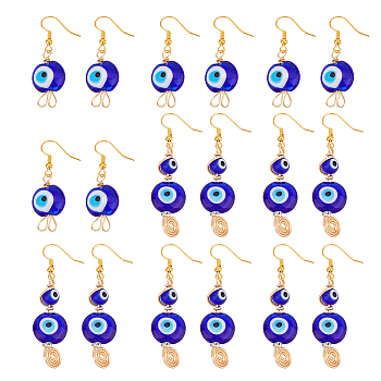 PandaHall Elit 8 Pairs 2 Style Lampwork Evil Eye Dangle Earrings, Gold Plated Brass Wire Wrap Jewelry for Women, Dark Blue, 45~57.5mm, Pin: 0.6~0.9mm, 4 Pairs/style