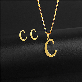 Golden Stainless Steel Initial Letter Jewelry Set, Stud Earrings & Pendant Necklaces, Letter C, No Size