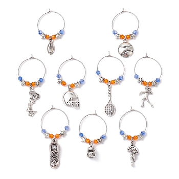 Sports Theme Tibetan Style Alloy Wine Glass Charms, with Imitate Austrian Crystal Bicone Glass Beads, Mixed Shapes, Mixed Shapes, 44~59mm, Pendants: 15~29x7~14.5x1.5~7.5mm