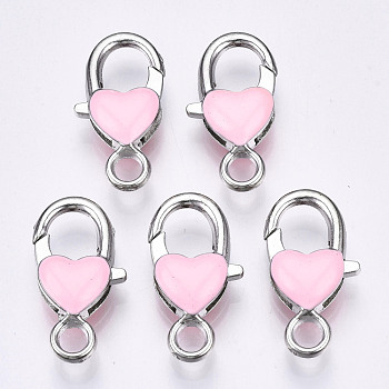 Alloy Enamel Lobster Claw Clasps, Cadmium Free & Lead Free, Platinum, Heart, Pearl Pink, 27x14x7mm, Hole: 4mm