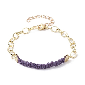 Waxed Cotton Cords Braided Link Bracelets, with Golden Brass Cable Chains, Purple, 7-1/8 inch(18cm)
