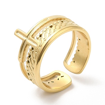 304 Stainless Steel Criss Cross Open Cuff Ring for Women, Real 14K Gold Plated, Inner Diameter: 17mm