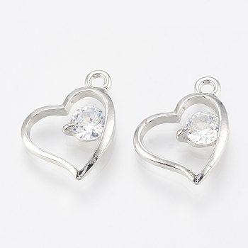 Alloy Cubic Zirconia Charms, Heart, Platinum, 14x14.5x3mm, Hole: 1.6mm