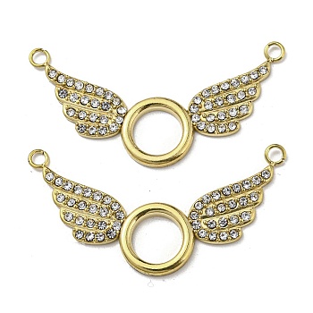 304 Stainless Steel Pave Crystal Rhinestone Connector Charms, Ring with Wings Links, Real 14K Gold Plated, 18x37.5x1.5mm, Hole: 1.8mm