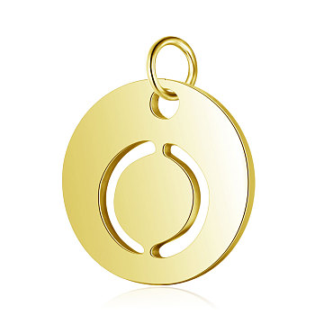 304 Stainless Steel Charms, Flat Round with Letter, Golden, Letter.O, 12x1mm, Hole: 2.5mm