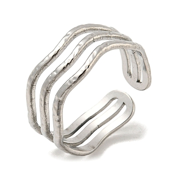 304 Stainless Steel Triple Lines Open Cuff Ring, Wave, Stainless Steel Color, US Size 7 1/2(17.7mm)