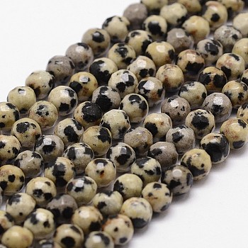 Natural Dalmatian Jasper Beads Strands, Faceted, Round, 4mm, Hole: 1mm, about 96pcs/strand, 14.9 inch~15.1 inch