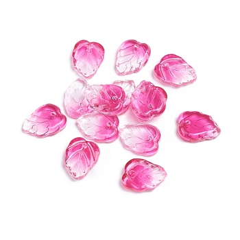Two-Tone Transparent Glass Charms, Leaf, Hot Pink, 13.5x10.5x3.5mm, Hole: 1.2mm