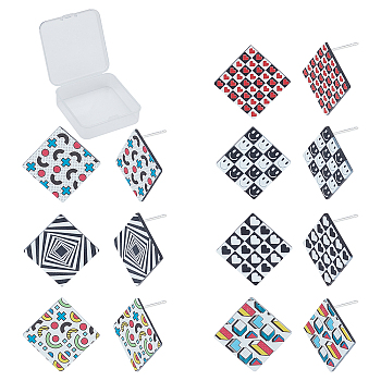 SUNNYCLUE 7 Pairs 7 Styles Resin Stud Earrings, with 925 Sterling Silver Pins, Rhombus, Platinum, Mixed Color, 41x41mm, Pin: 0.6mm, Side Length: 30mm, 1 pair/style