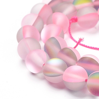 Synthetic Moonstone Beads Strands, Holographic Beads, Dyed, Frosted, Round, Pearl Pink, 8mm, Hole: 1mm, about 45~47pcs/strand, 14~15 inch