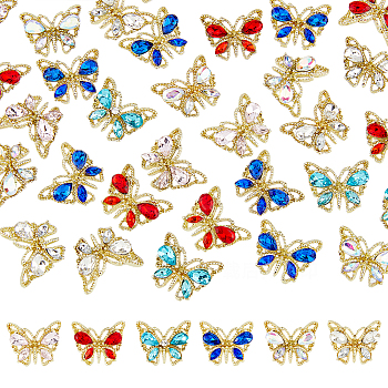 36Pcs 6 Colors Butterfly Alloy Cabochons, with Rhinestone, Nail Art Decoration Accessories, Light Gold, Mixed Color, 12x14x3.5mm, 6pcs/coor