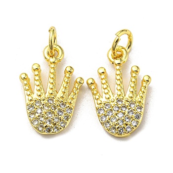 Real 18K Gold Plated Brass Pendants, with Clear Cubic Zirconia and Jump Ring, Crown, 15.5x10.5x2.5mm, Hole: 3mm