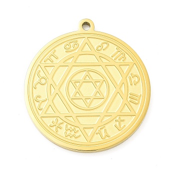 304 Stainless Steel Pendants, Flat Round with Constellation & Star of David Pattern Charm, Golden, 33x30x2mm, Hole: 1.8mm