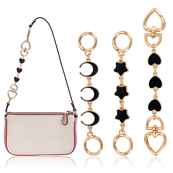 3Pcs 3 Styles Moon Star Heart Alloy Enamel Link Bag Extension Chains, Light Gold, Mixed Shapes, Black, 150~170mm 1pc/style
