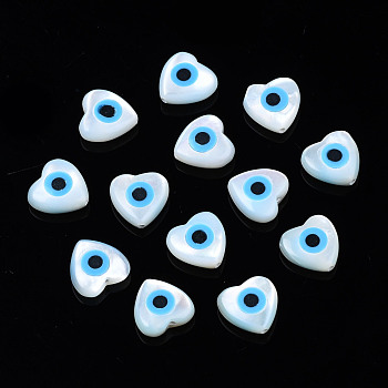 Natural White Shell Mother of Pearl Shell Beads, with Synthetic Turquoise, Heart with Evil Eye, Light Sky Blue, 8x8x3mm, Hole: 0.8mm
