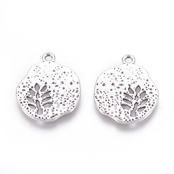 Tibetan Style Alloy Pendants, Cadmium Free & Lead Free, Flat Round with Leaf, Antique Silver, 22x18x1mm, Hole: 1mm