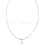 Imitation Pearl with Stainless Steel Pendants Necklaces, Lead Free & Nickel Free & Cadmium Free, Letter, Letter A, 15.83~16.22 inch(40.2~41.2cm), end extender: 48~51mm long, pendants: 13x10.5mm(NJEW-LP0001-51A-G)
