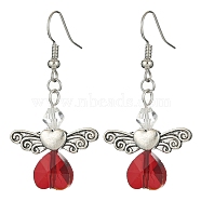 Alloy Fairy Wing with Glass Heart Dangle Earrings, with Brass Earring Pins, Antique Silver, 46~47x23mm(EJEW-TA00261)
