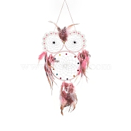 Owl Woven Web/Net with Feather Hanging Ornaments, Iron Ring for Home Living Room Bedroom Wall Decorations, Hot Pink, 590mm(HJEW-G025-06)