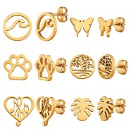 6 Pairs 6 Style Butterfly & Leaf & Tree of Life & Cat Claw Print & Music Note & Wave 316 Surgical Stainless Steel Stud Earrings for Women, Golden, 8~12x8~12mm, Pin: 1mm, 1 Pair/style(JE932A)