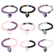 Natural & Synthetic Round Beaded Stretch Bracelets, with Half Heart Charms, Inner Diameter: 2-1/4 inch(5.75cm)(BJEW-K236-02A)